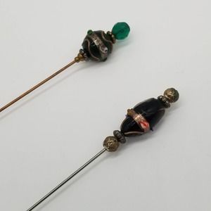 2 Vintage Glass Bead Hat Pins Green Gold